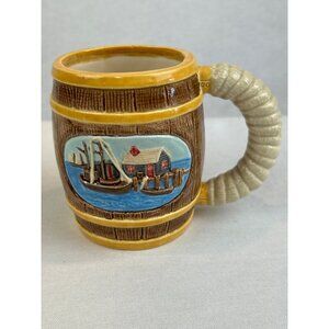 Vintage Barrel Coffee Tea Mug Nautical Seascape Rope Handle 3D 80s